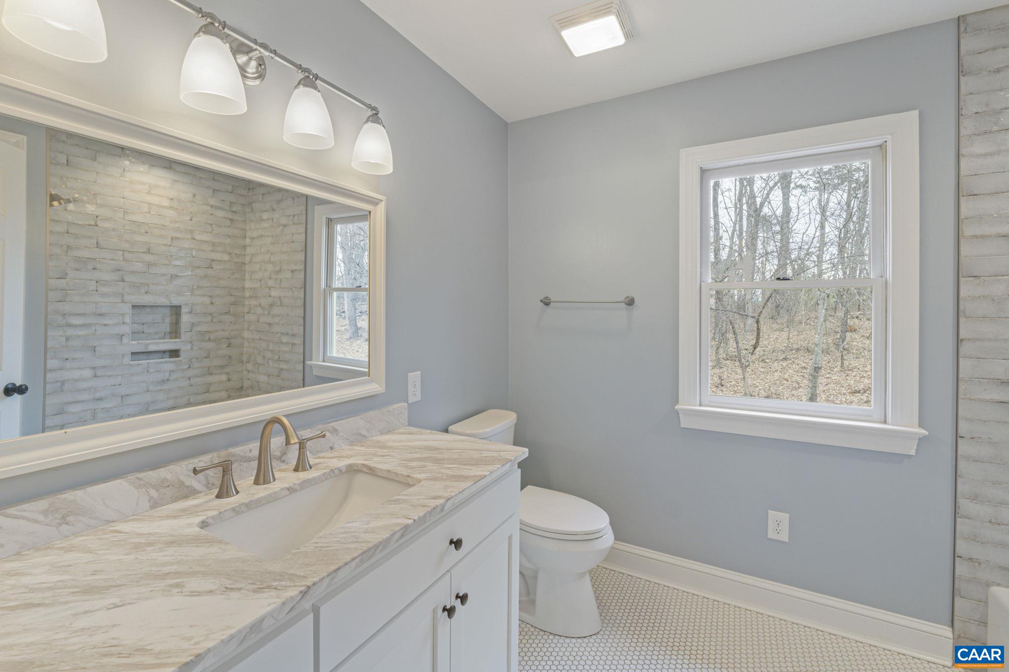 4053 Free Union Road Charlottesville, VA 22901 - Photo 39 of 67 a bathroom with a granite countertop sink toilet a large mirror and shower