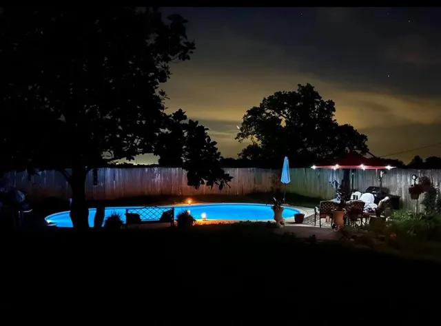 a view of a park with large trees