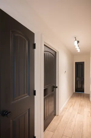 an empty room with a bathroom