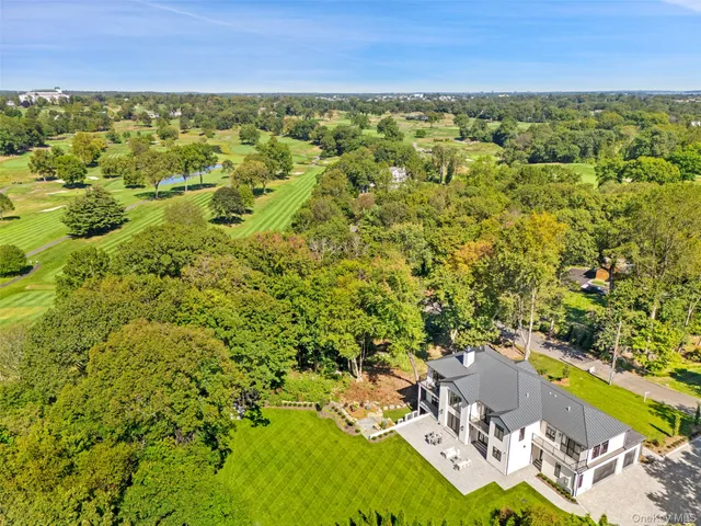 an aerial view of residential houses with outdoor space and trees