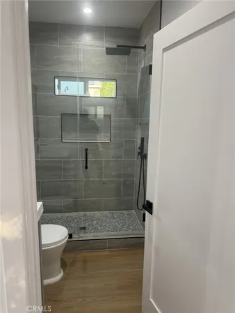 a bathroom with a shower and a toilet