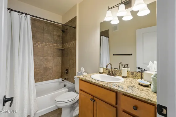 a bathroom with a granite countertop sink a toilet and shower