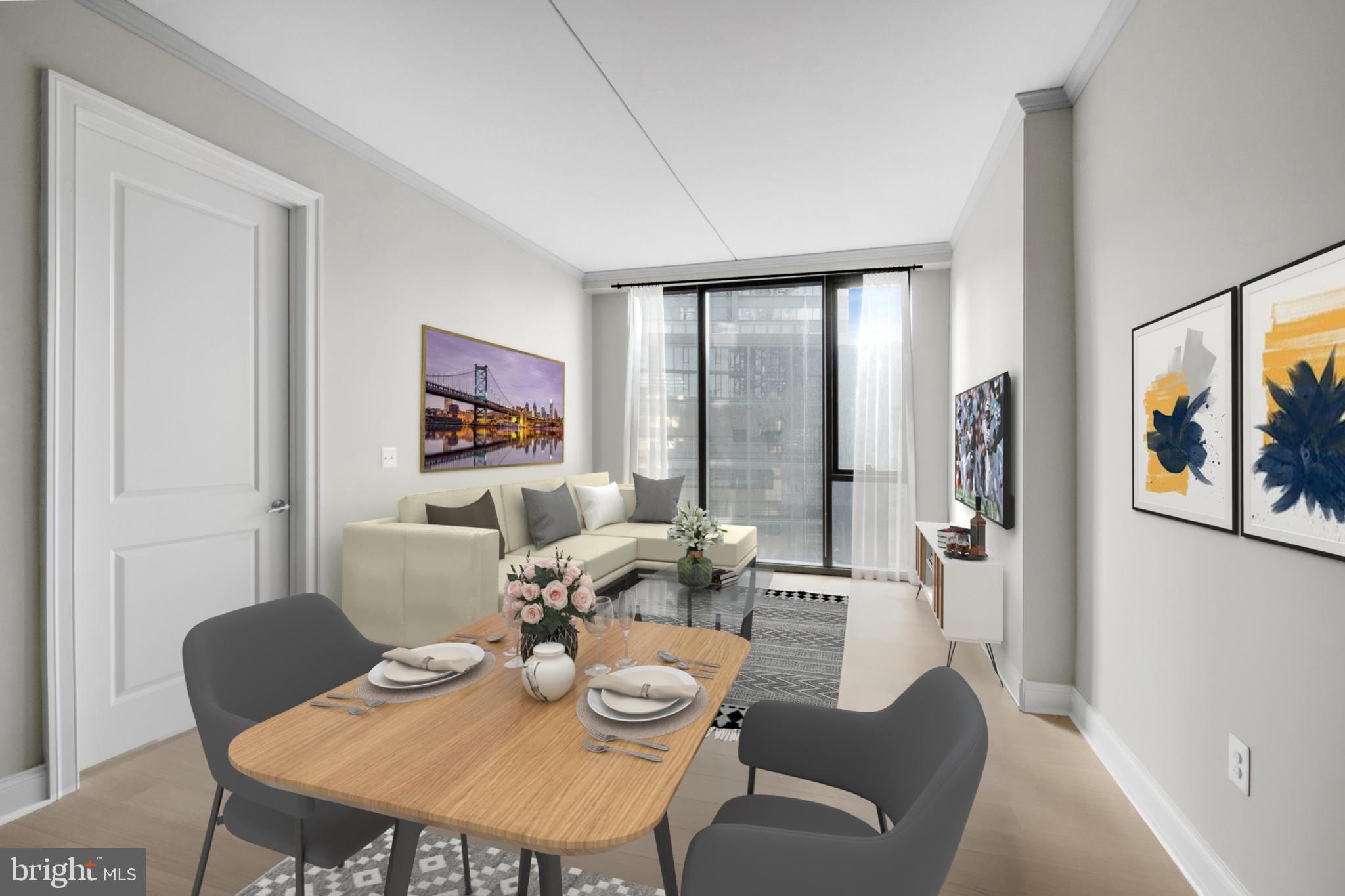 2301-61 John F Kennedy Boulevard, Unit 408 Philadelphia, PA 19103 - Photo 20 of 39 a view of a dining room with furniture large window and wooden floor