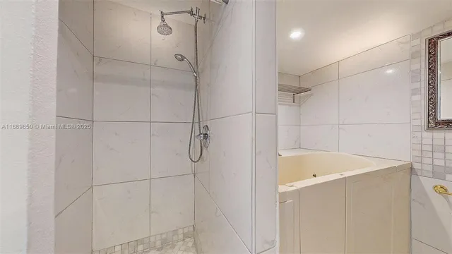 a bathroom with a bathtub and shower