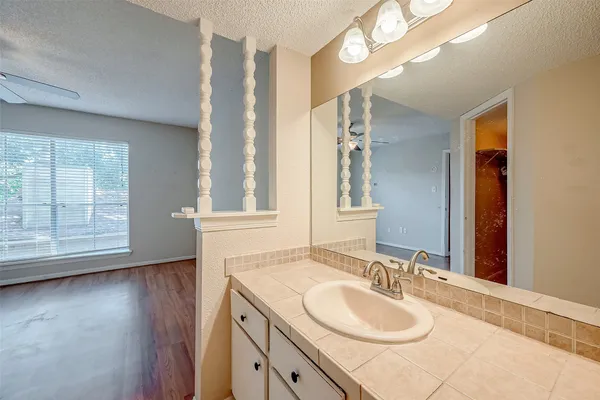 a bathroom with a sink a mirror and a toilet