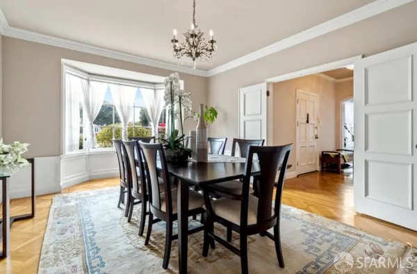 a view of a dining room with furniture window and wooden floor