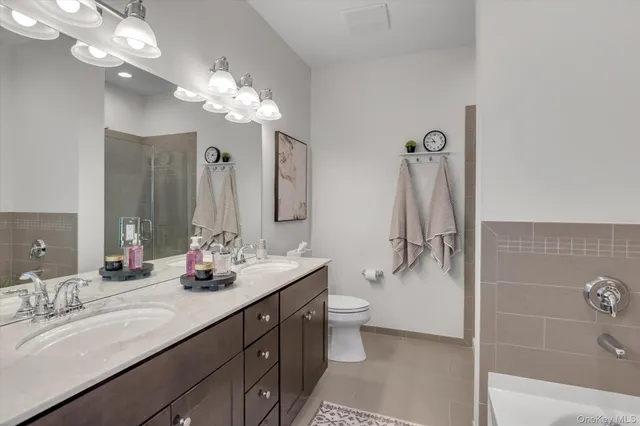 a bathroom with a double vanity sink a toilet a mirror and shower