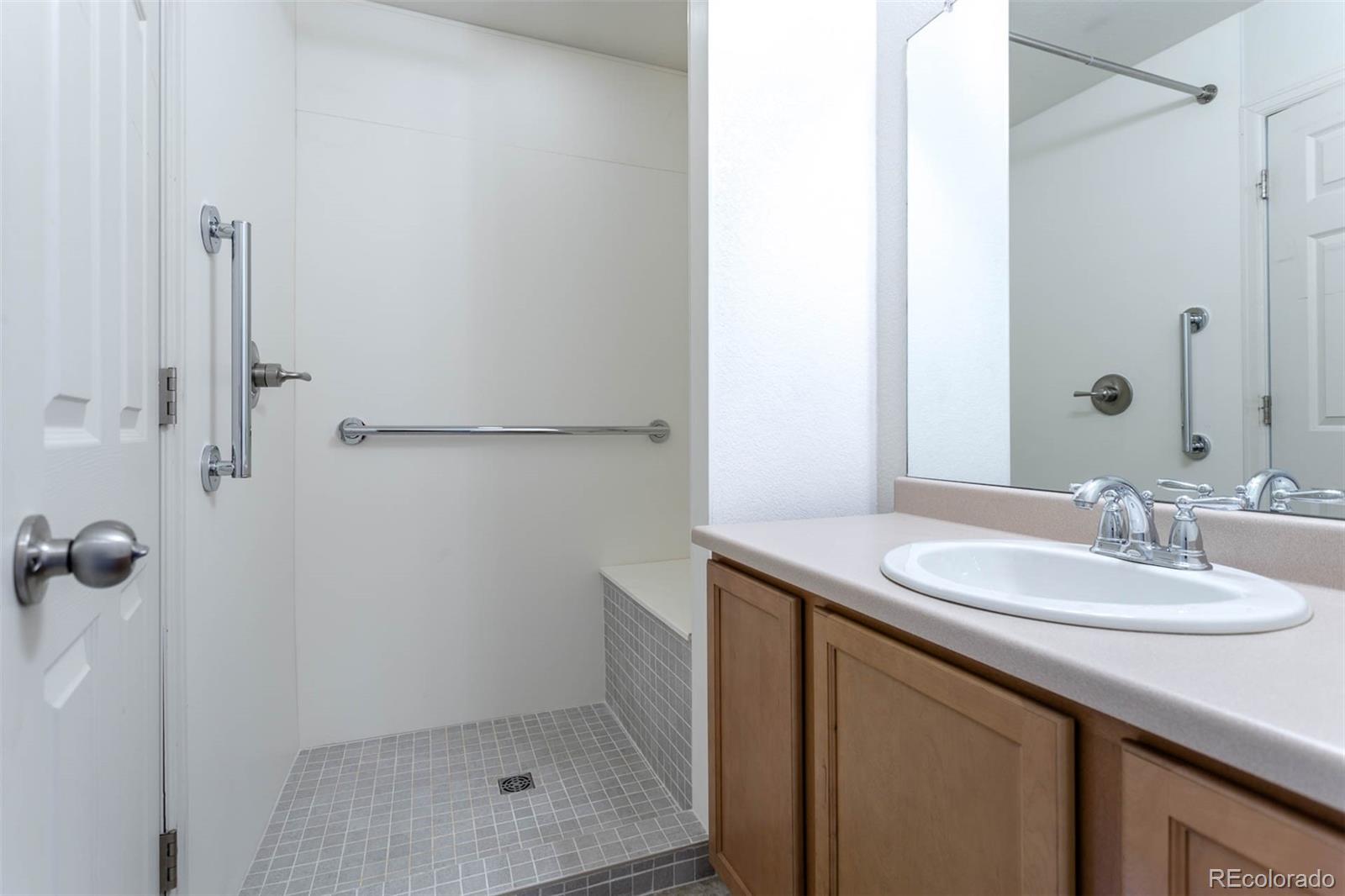 5559 Malta Street Denver, CO 80249 - Photo 9 of 27 a bathroom with a sink a mirror and shower