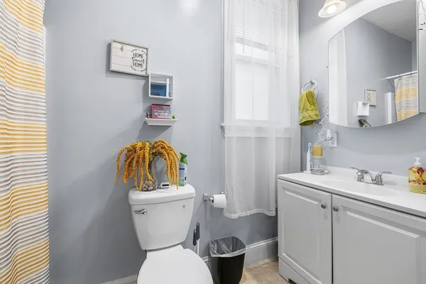 a bathroom with a sink a toilet and a mirror