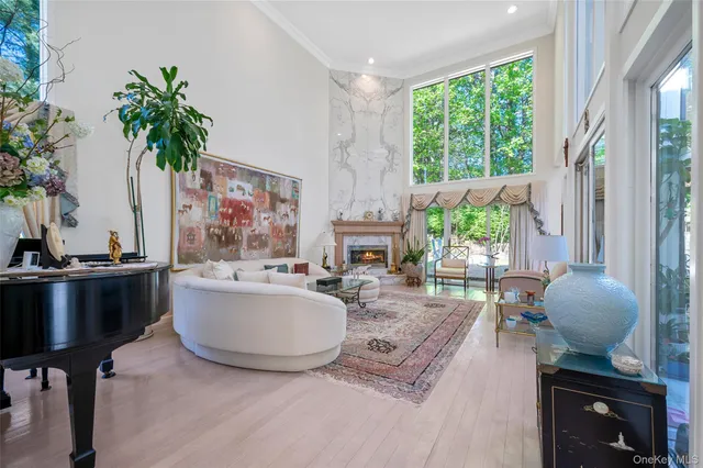 a living room with furniture a fireplace and a potted plant
