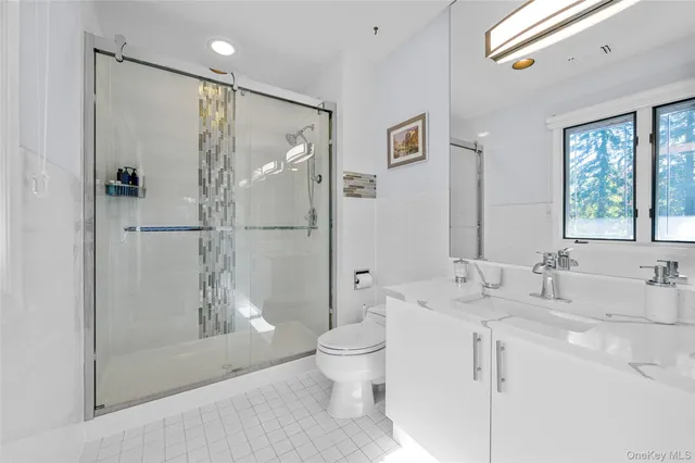 a spacious bathroom with a granite countertop sink a toilet and a shower