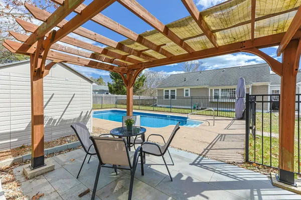 a view of a swimming pool with a patio