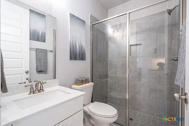 a bathroom with a sink toilet a mirror and shower