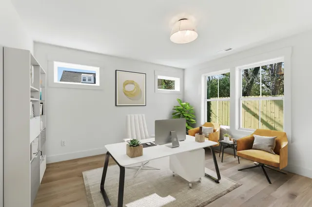 a living room with furniture and a potted plant