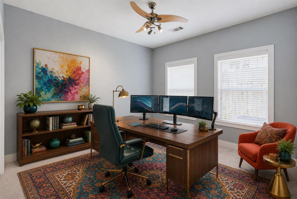 4830 Cedar Springs Road, Unit 30 Dallas, TX 75219 - Photo 27 of 32 Room featuring two windows with blinds, a ceiling fan with integrated lighting, and a built-in bookshelf