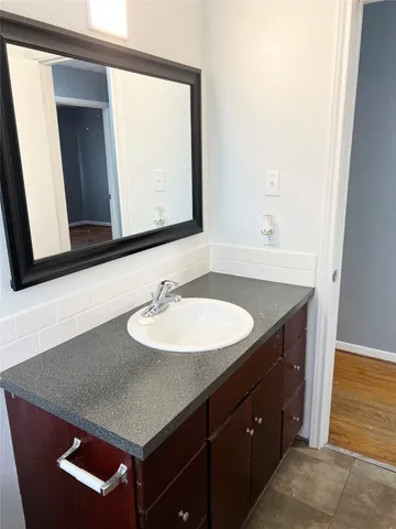 a bathroom with a sink and a mirror