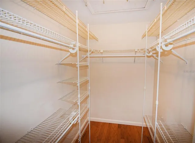 a view of a room with racks on the wall