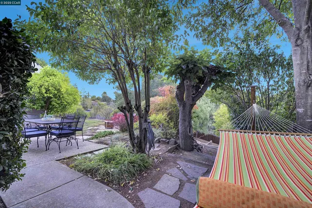 a view of a backyard with sitting area