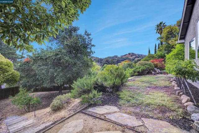 a view of a pathway with a flower garden