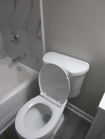 a toilet sitting in a bathroom next to a sink