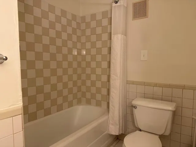 a white toilet sitting next to a bath tub