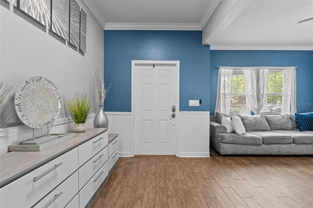 a living room with furniture and a potted plant