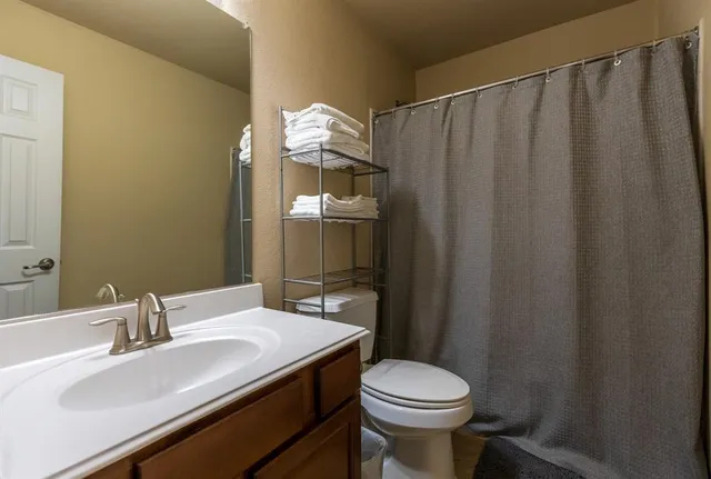 a bathroom with a sink a toilet and shower curtain