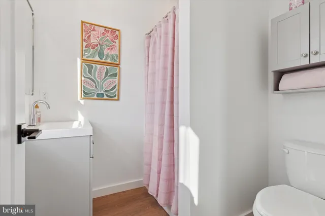 a bathroom with a sink a toilet and shower curtain