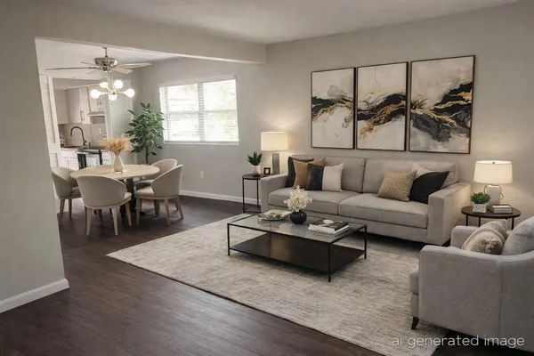 a living room with furniture and wooden floor