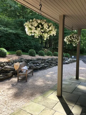 a view of a bench in the patio
