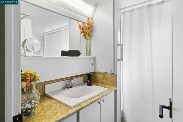 a bathroom with a sink and a mirror