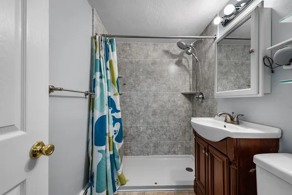 a bathroom with a sink and a shower
