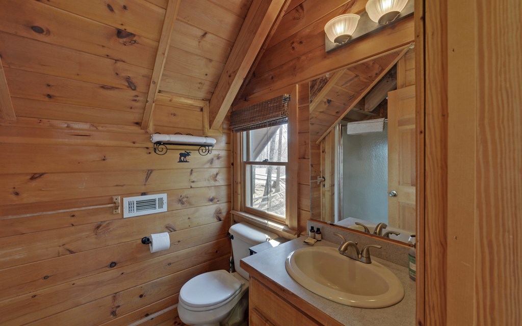 184 Smith Hill Road Blue Ridge, GA 30513 - Photo 22 of 36 a bathroom with a granite countertop sink toilet a mirror and shower