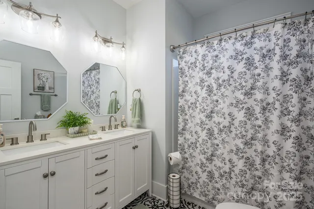 a bathroom with a sink mirror and a shower