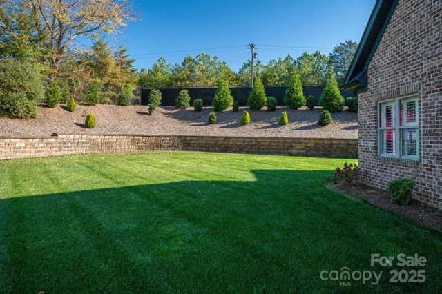 a garden view with a seating space