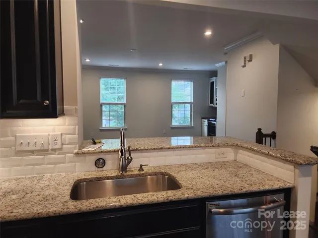 a kitchen with granite countertop a sink a counter and cabinets