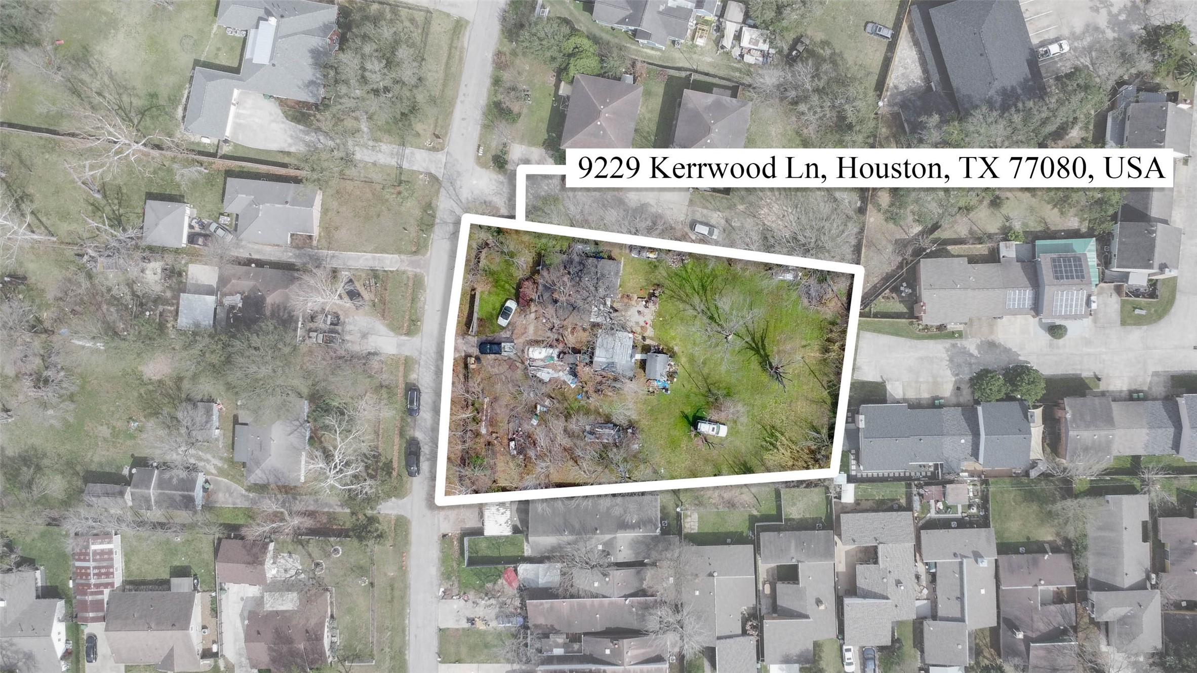 9229 Kerrwood Lane Houston, TX 77080 - Photo 2 of 12 Direct overhead aerial view clearly illustrating the full boundaries and dimensions of this nearly three-quarter-acre lot. The depth exceeding 200 feet and broad frontage provide flexibility for multiple homesites. Mature trees are thoughtfully dispersed across the property, offering opportunities for preservation in future builds while still maintaining ample open buildable space.