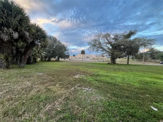 a view of a field with tree in front of it