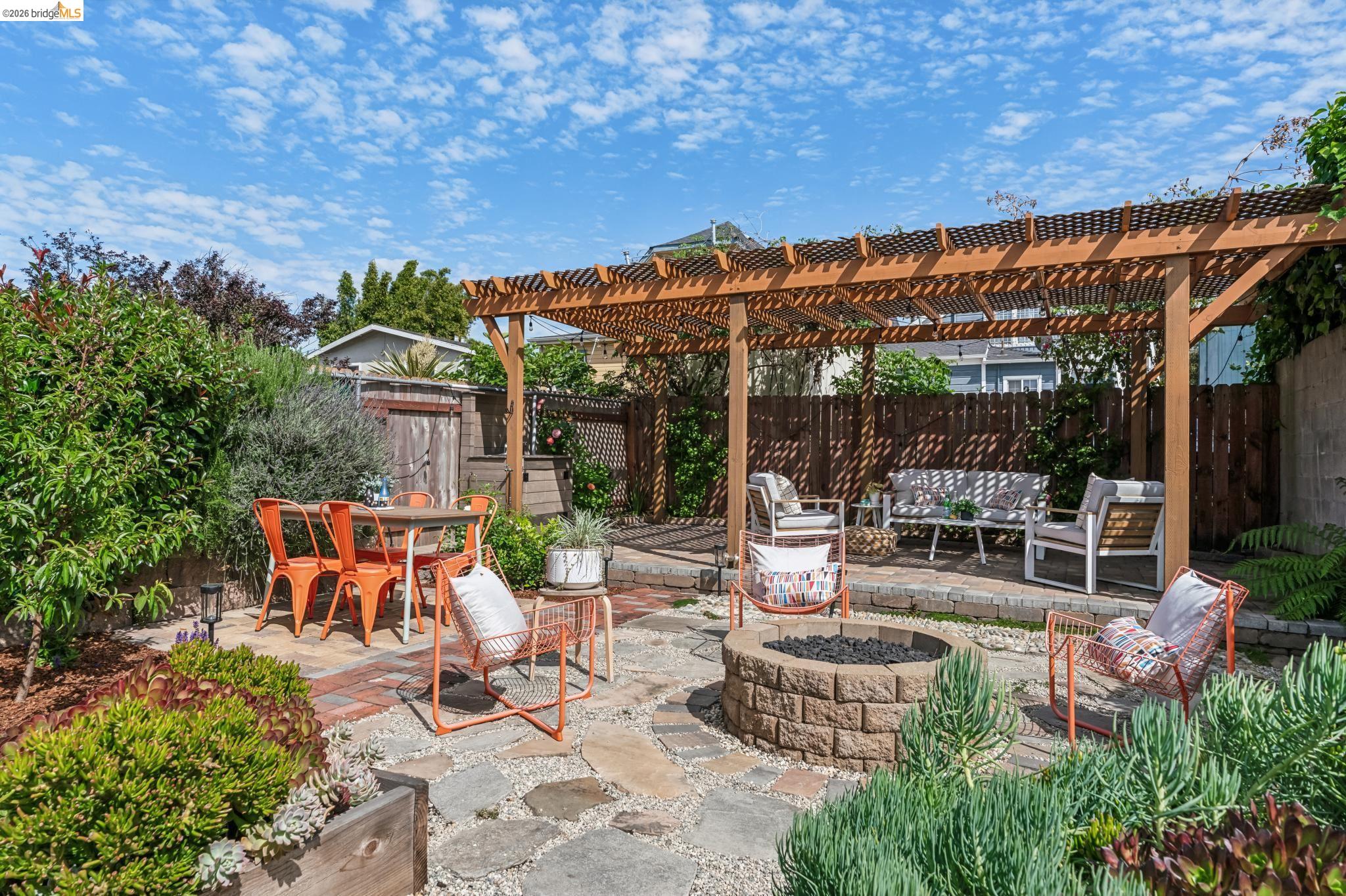 2010 Filbert Street Oakland, CA 94607 - Photo 24 of 50 Fenced backyard with a patio area, a pergola, an outdoor fire pit, and outdoor lounge area