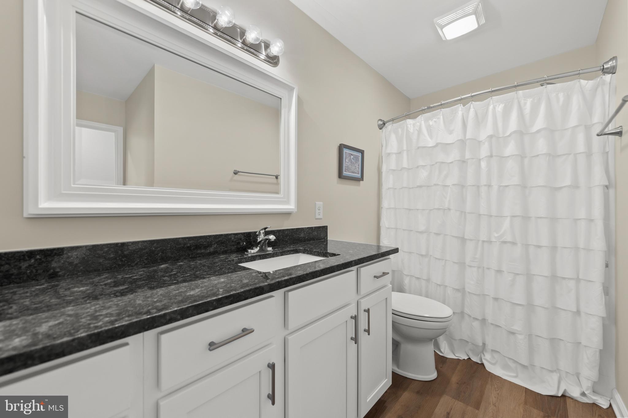 4009 Ridge Road Quicksburg, VA 22847 - Photo 24 of 41 a bathroom with a granite countertop sink a toilet and a mirror