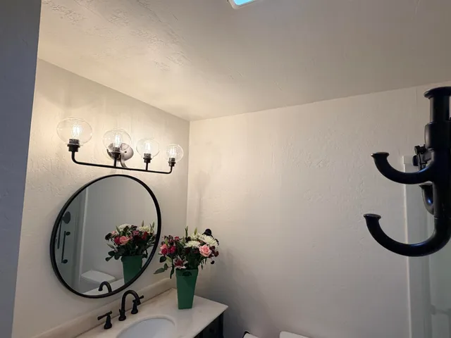 a bathroom with a sink mirror and a potted plant