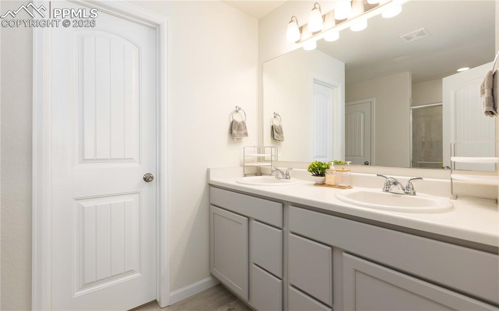 4031 Samaritan Loop Colorado Springs, CO 80916 - Photo 13 of 34 a bathroom with a double vanity sink and a mirror