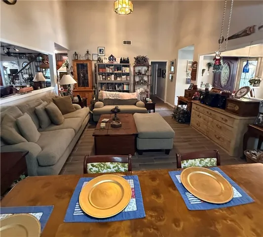 a living room with furniture a rug and a sink