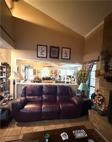 a living room with couch and a fireplace