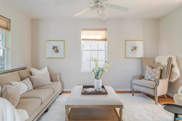 a living room with furniture and a potted plant