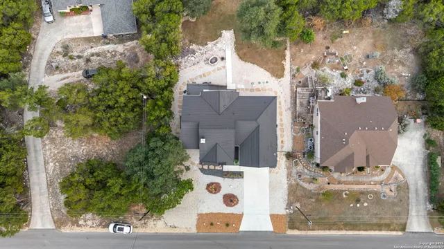 aerial view of a house with garden