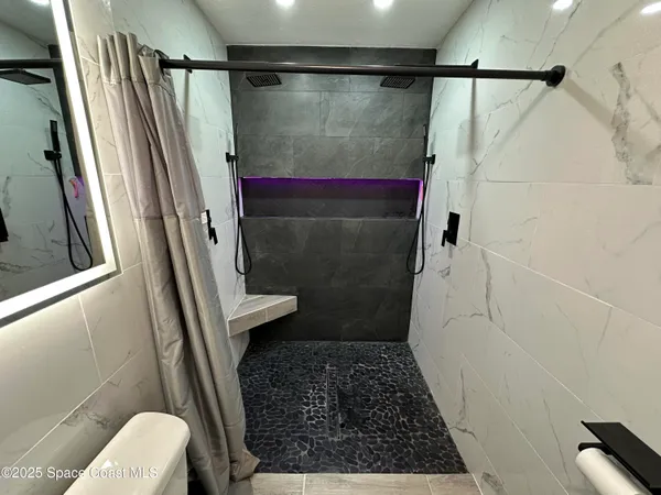 a bathroom with a shower and a toilet