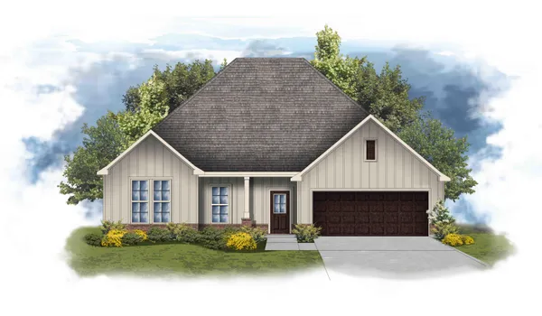 a front view of a house with a garden and plants