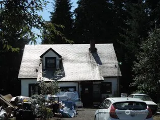 a picture of table and chairs with large trees
