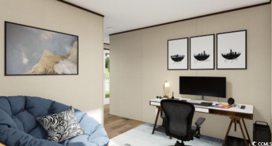 Office with wood finished floors